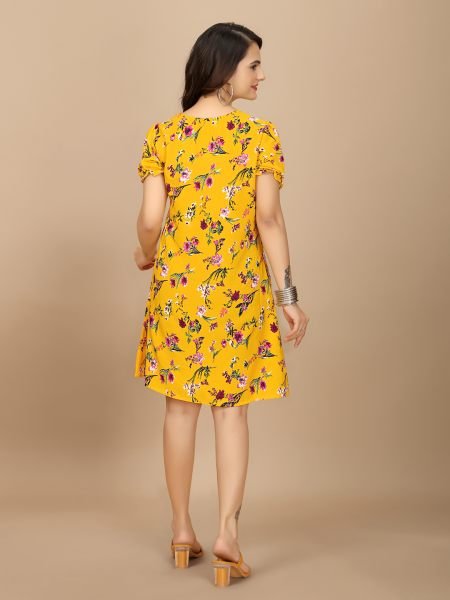 Elegant Yellow Floral Crape Dress Sweetheart Neckline Stylish Puff Sleeves Dresses