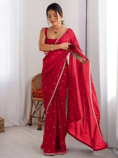 Embellished Rangoli Silk Saree with Sequin Butti   Lace Border Saree