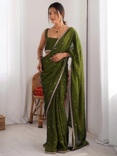 Embellished Rangoli Silk Saree with Sequin Butti   Lace Border