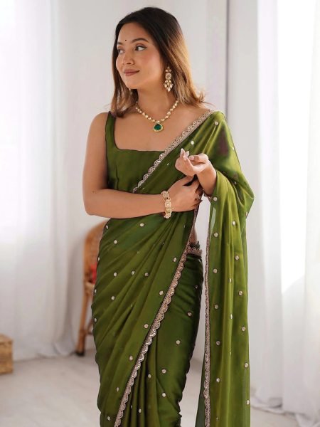 Embellished Rangoli Silk Saree with Sequin Butti   Lace Border Designer Sarees
