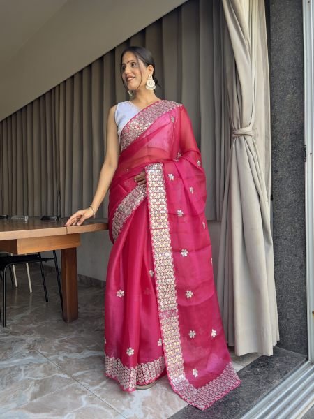 Embroidered sequins Organza Saree With Ready Made Blouse Designer Sarees