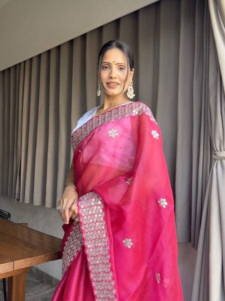 Embroidered sequins Organza Saree With Ready Made Blouse Designer Sarees