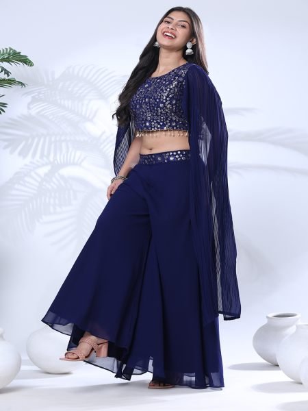 Embroidery Sequence Georgette Designer Blue Outfit Designer Outfit