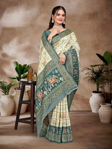 Exquisite White   Blue Pure Silk Woven Patola Festive Saree Sale