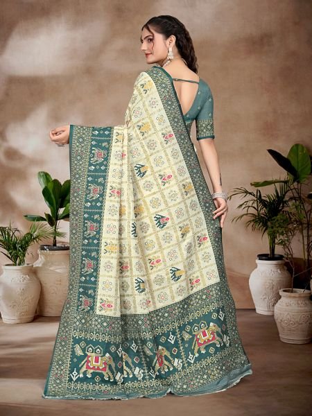 Exquisite White   Blue Pure Silk Woven Patola Festive Saree Designer Sarees