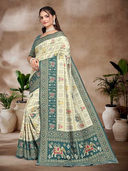 Exquisite White   Blue Pure Silk Woven Patola Festive Saree Designer Sarees