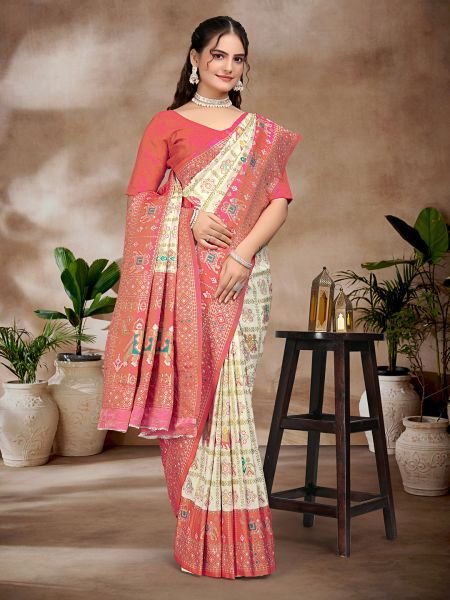 Exquisite White   Gajari Pure Silk Woven Patola Festive Saree Sale