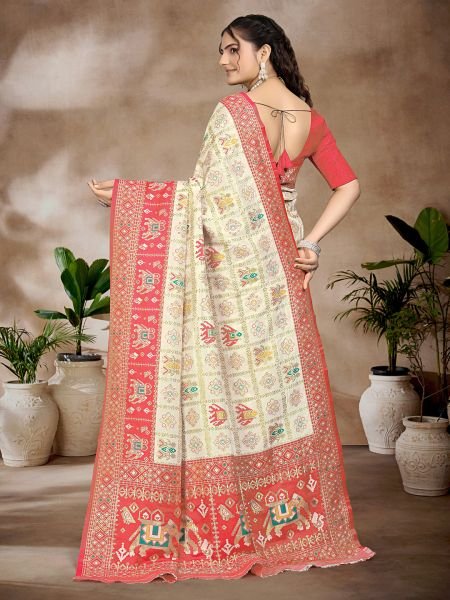 Exquisite White   Gajari Pure Silk Woven Patola Festive Saree Designer Sarees