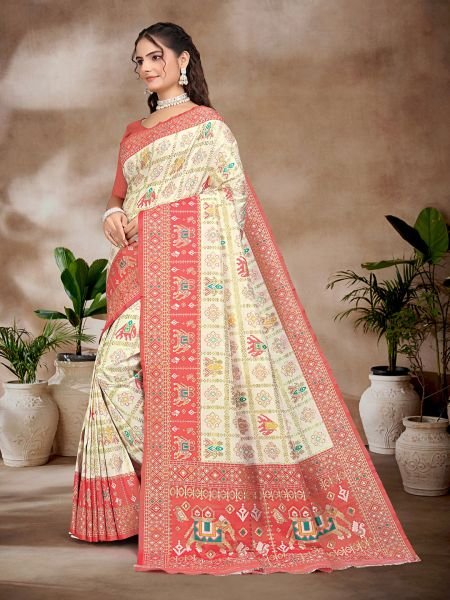 Exquisite White   Gajari Pure Silk Woven Patola Festive Saree Designer Sarees