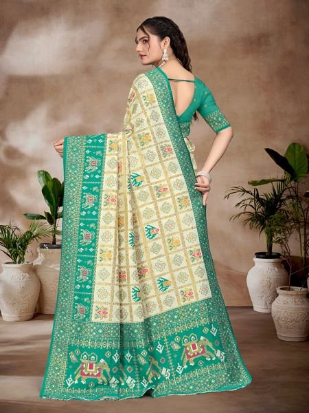 Exquisite White   Rama Pure Silk Woven Patola Festive Saree Designer Sarees