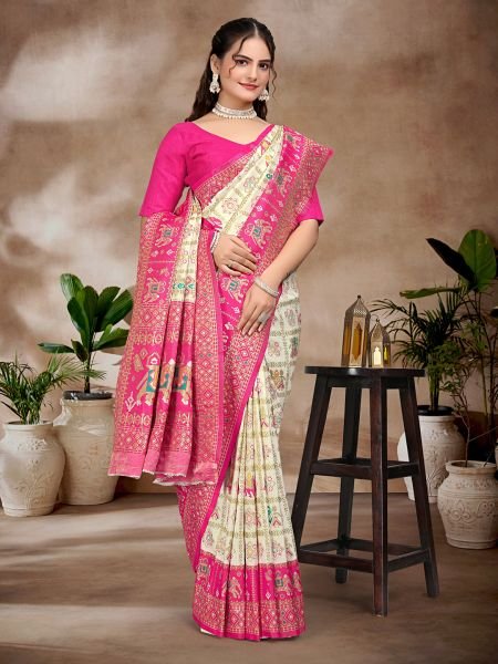 Exquisite White   Rani Pure Silk Woven Patola Festive Saree Sale