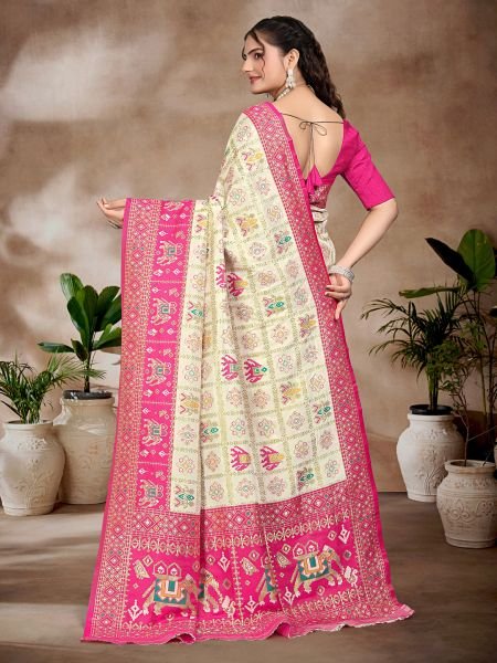 Exquisite White   Rani Pure Silk Woven Patola Festive Saree Designer Sarees