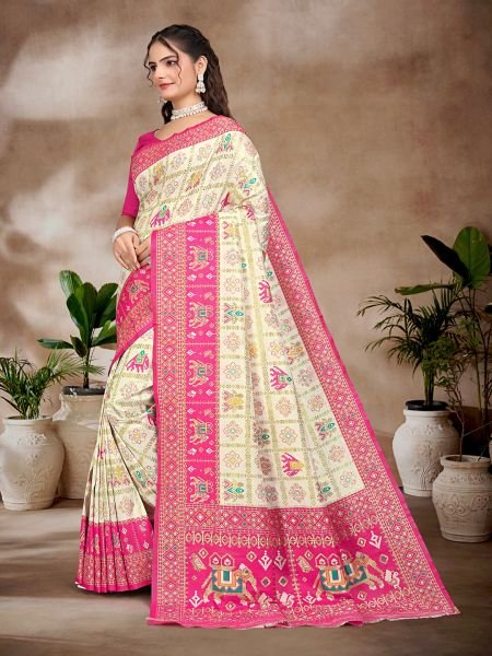 Exquisite White   Rani Pure Silk Woven Patola Festive Saree Designer Sarees