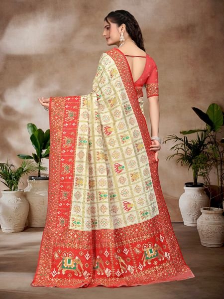 Exquisite White   Red Pure Silk Woven Patola Festive Saree Designer Sarees