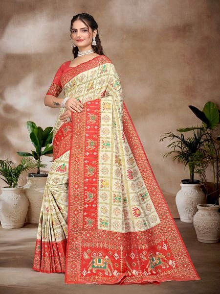 Exquisite White   Red Pure Silk Woven Patola Festive Saree Designer Sarees