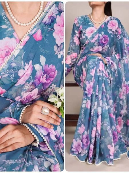 Floral Digital Print Georgette Saree with Delicate Pearl  Moti  Border Daily Deals