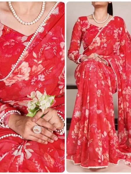 Floral Digital Print Georgette Saree with Delicate Pearl  Moti  Border Daily Deals