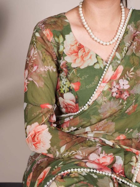 Floral Digital Print Georgette Saree with Delicate Pearl  Moti  Border Printed Sarees