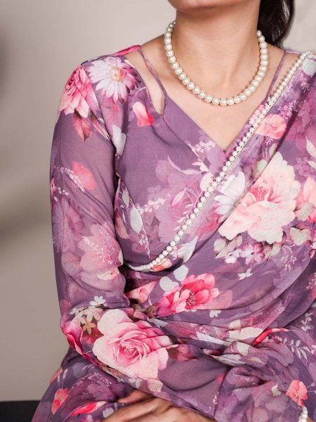 Floral Digital Print Georgette Saree with Delicate Pearl  Moti  Border Printed Sarees