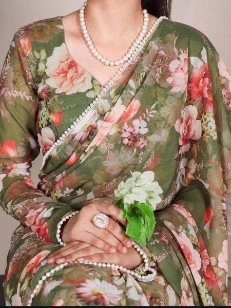 Floral Digital Print Georgette Saree with Delicate Pearl  Moti  Border Printed Sarees