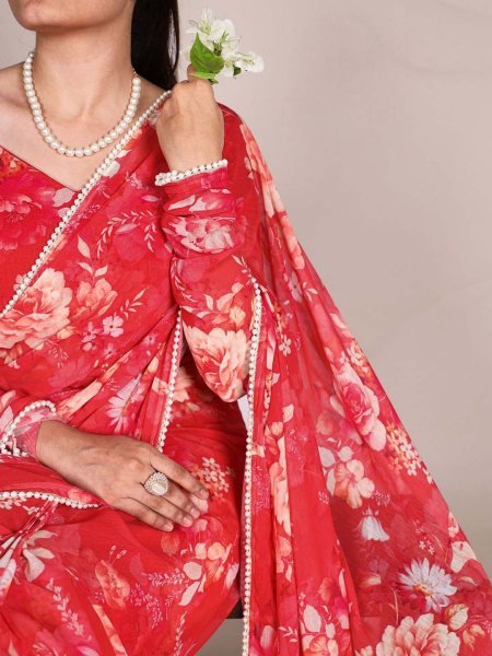 Floral Digital Print Georgette Saree with Delicate Pearl  Moti  Border Printed Sarees
