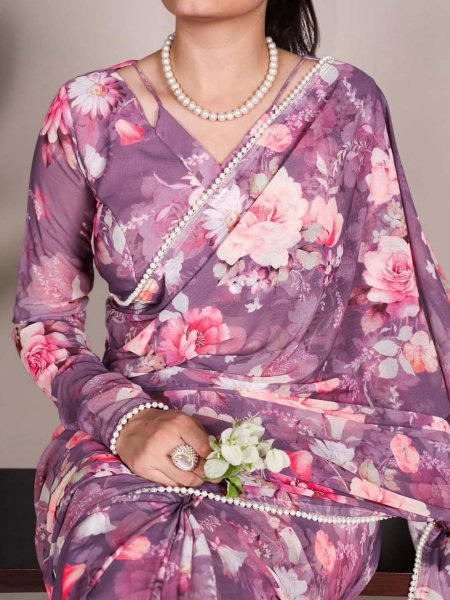 Floral Digital Print Georgette Saree with Delicate Pearl  Moti  Border Printed Sarees