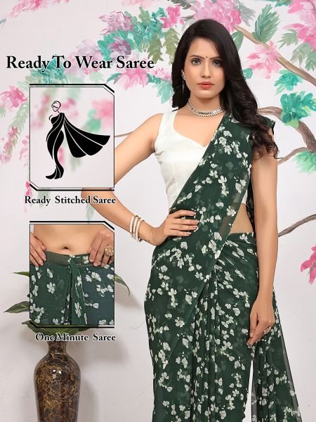 Floral Print Georgette Redy To Wear Green Saree Sale