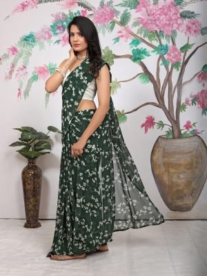 Floral Print Georgette Redy To Wear Green Saree Ready To Wear Sarees