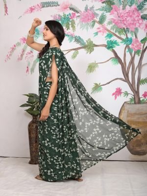 Floral Print Georgette Redy To Wear Green Saree Ready To Wear Sarees