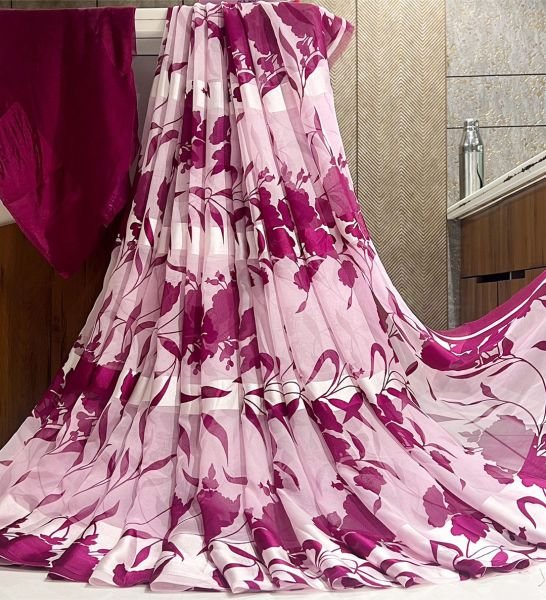 Floral Print Georgette Saree with Satin Border