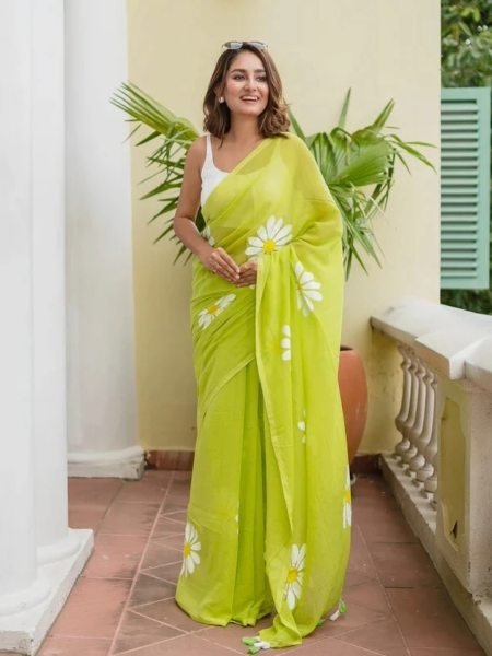 Floral Print Handloom Pure Cotton Saree with Unstitched Blouse Piece Printed Sarees