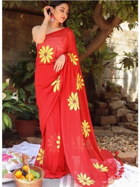 Floral Print Handloom Pure Cotton Saree with Unstitched Blouse Piece Printed Sarees