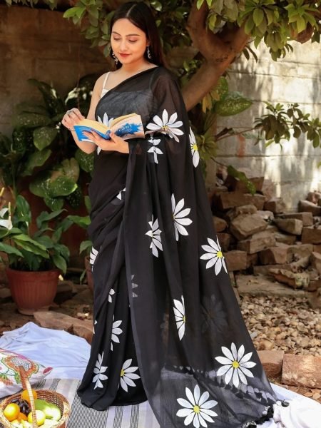 Floral Print Handloom Pure Cotton Saree with Unstitched Blouse Piece Printed Sarees