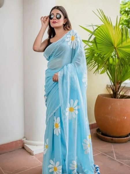 Floral Print Handloom Pure Cotton Saree with Unstitched Blouse Piece Daily Deals