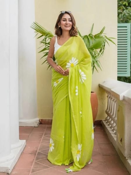 Floral Print Handloom Pure Cotton Saree with Unstitched Blouse Piece Daily Deals