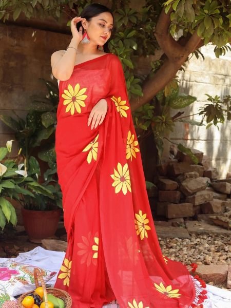 Floral Print Handloom Pure Cotton Saree with Unstitched Blouse Piece Daily Deals
