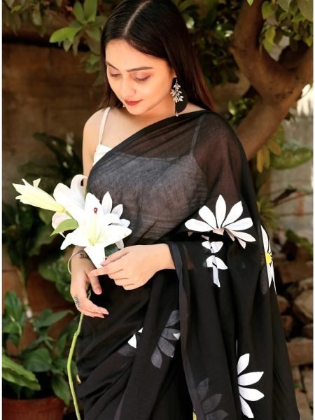 Floral Print Handloom Pure Cotton Saree with Unstitched Blouse Piece Printed Sarees