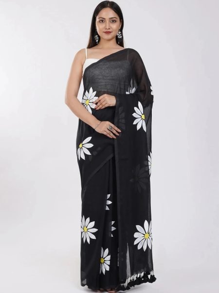 Floral Print Handloom Pure Cotton Saree with Unstitched Blouse Piece Printed Sarees