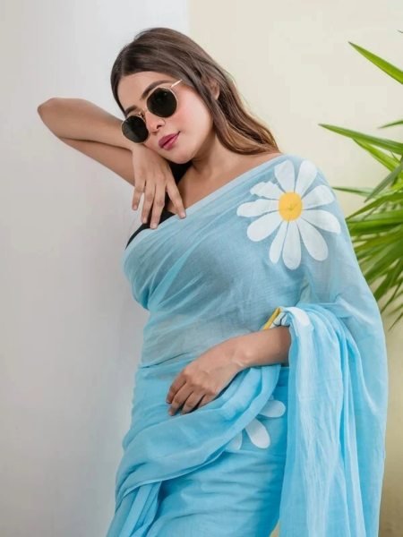 Floral Print Handloom Pure Cotton Saree with Unstitched Blouse Piece Printed Sarees