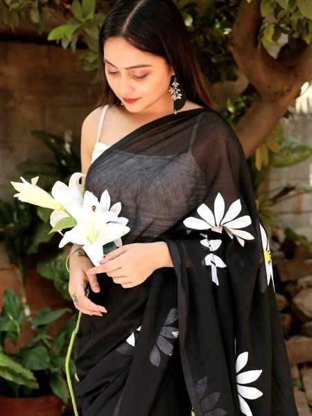 Floral Print Handloom Pure Cotton Saree with Unstitched Blouse Piece Printed Sarees