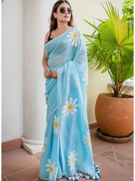 Floral Print Handloom Pure Cotton Saree with Unstitched Blouse Piece Printed Sarees