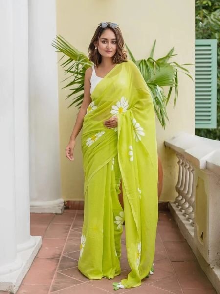 Floral Print Handloom Pure Cotton Saree with Unstitched Blouse Piece Printed Sarees