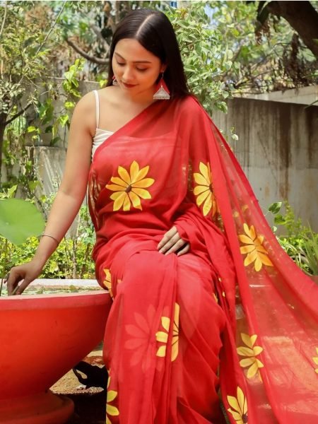 Floral Print Handloom Pure Cotton Saree with Unstitched Blouse Piece Printed Sarees