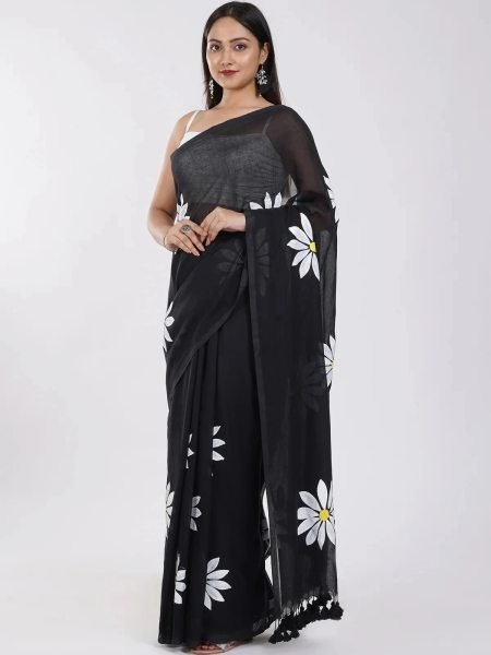 Floral Print Handloom Pure Cotton Saree with Unstitched Blouse Piece Printed Sarees