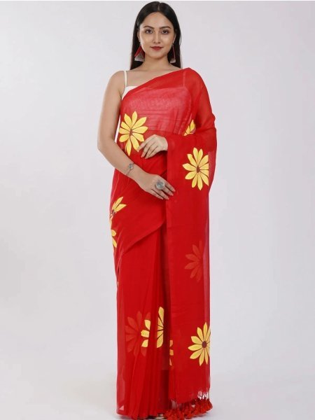 Floral Print Handloom Pure Cotton Saree with Unstitched Blouse Piece Printed Sarees