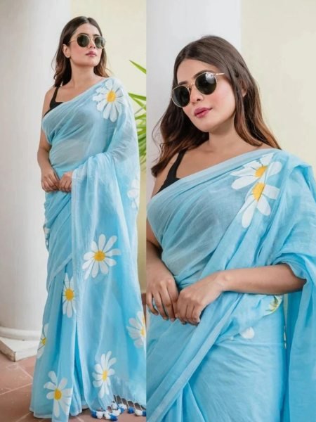 Floral Print Handloom Pure Cotton Saree with Unstitched Blouse Piece Printed Sarees