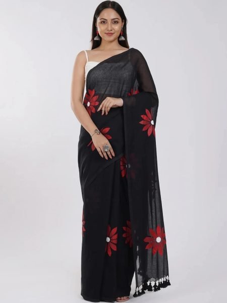 Floral Print Handloom Pure Cotton Saree with Unstitched Blouse Piece Printed Sarees