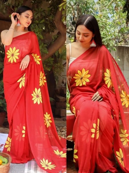 Floral Print Handloom Pure Cotton Saree with Unstitched Blouse Piece Printed Sarees