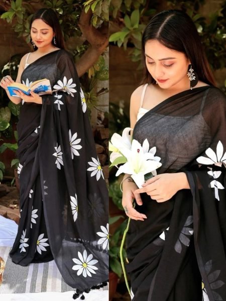 Floral Print Handloom Pure Cotton Saree with Unstitched Blouse Piece Printed Sarees