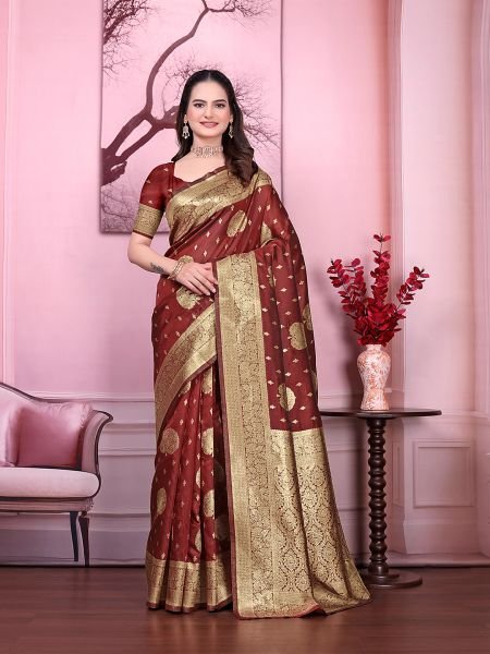 Floral Print Ready to Wear Banarasi Jacquard Party Saree with Unstitched Blouse Ready To Wear Sarees
